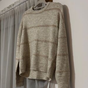 Dex Cream and Gold Striped Crew Neck Sweater